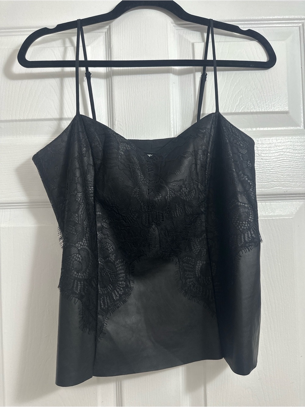 Black Lace-Trim Faux Leather Top